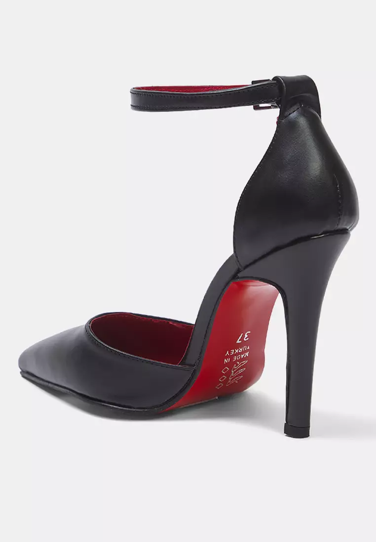 Black Ankle Strap Pointed Toe Women Stiletto Thin Heels Shoes Takss25To00089