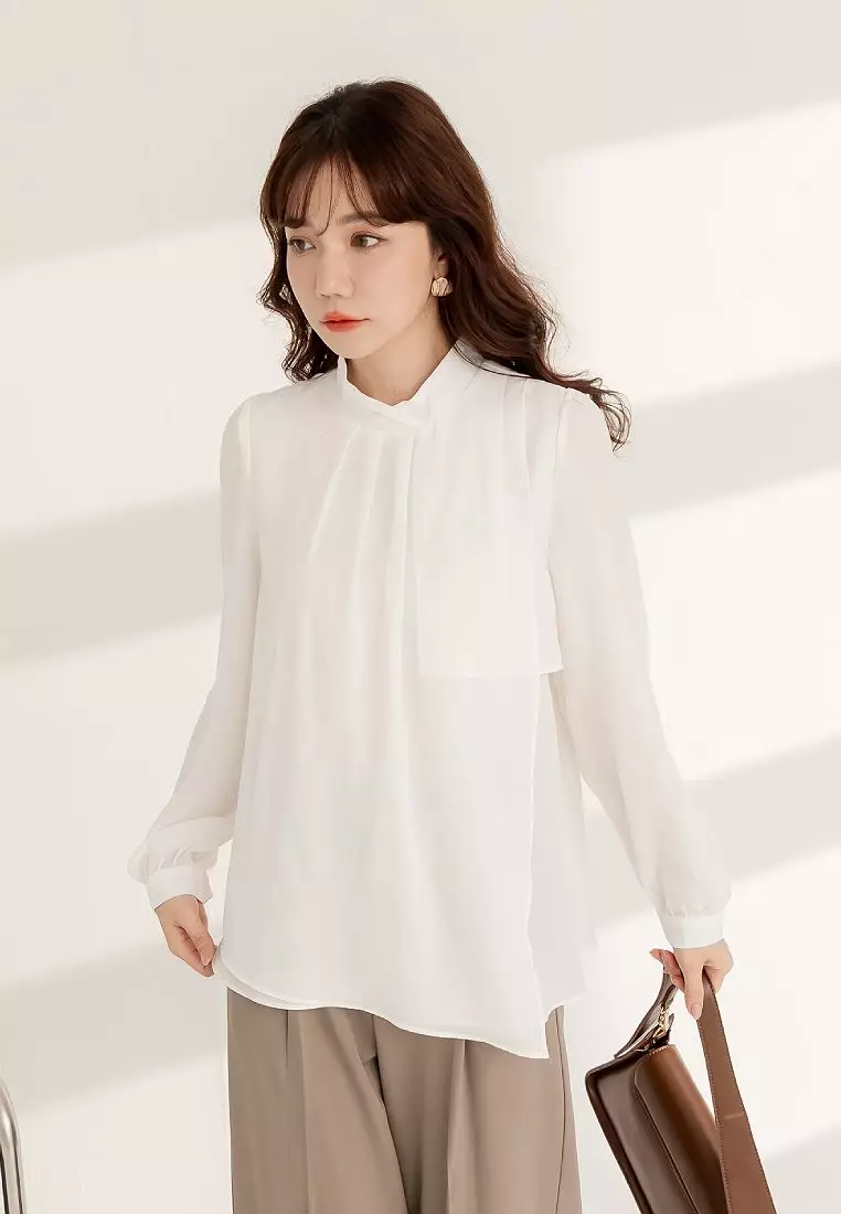 Pleated High-Neck Puff Sleeve Long Sleeve Blouse [AB19778]