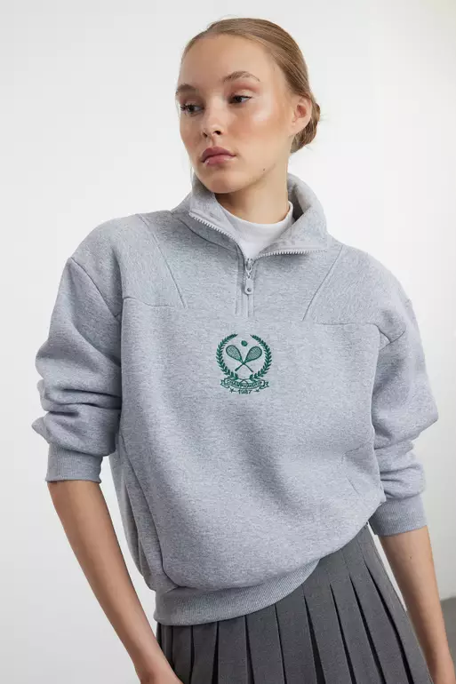 Fleece Gray Embroidered Zippered Knitted Sweatshirt Regular Fit