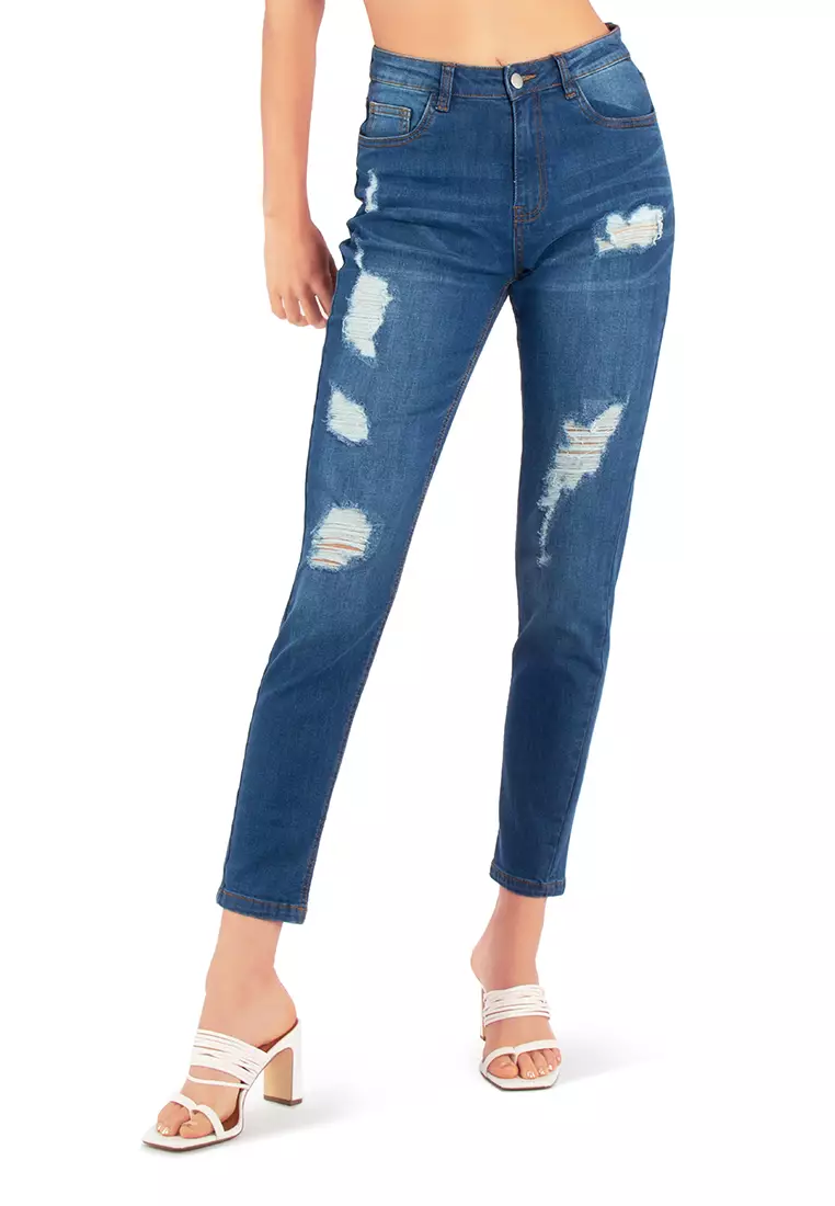 Blue Mid Skinny Ripped Jeans Pants