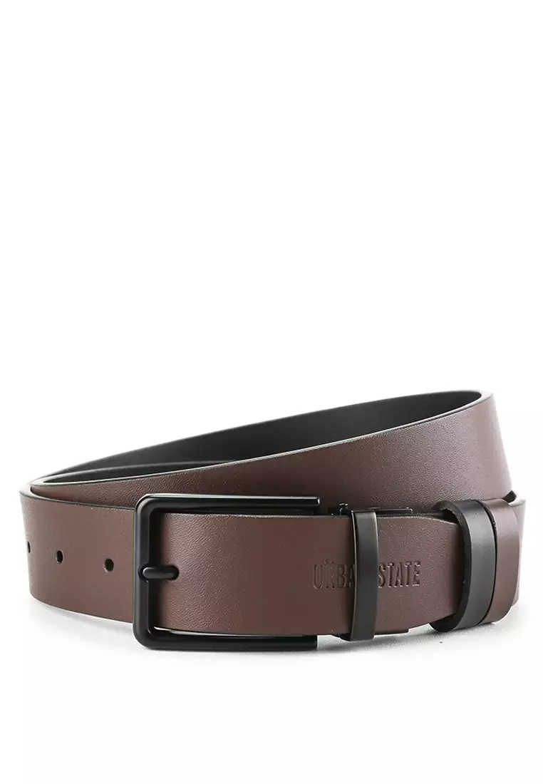 Black Slim Square Pin Buckle Reversible Top Grain Leather Belt