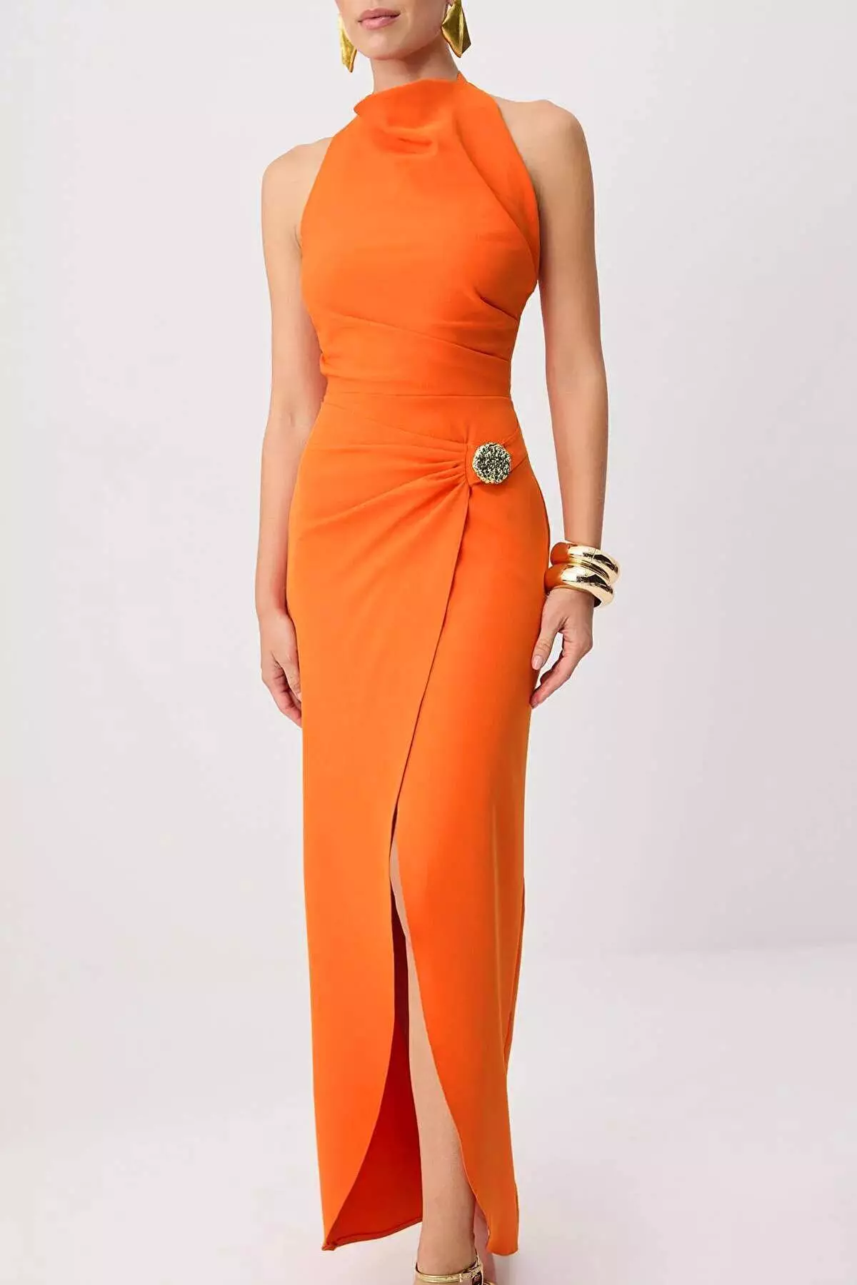 Buy Trendyol Orange Halter Neck Shift/Straight Cut Maxi Evening ...