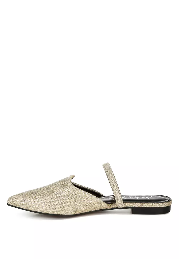 Glitter Faux Leather Flat Mules in Gold