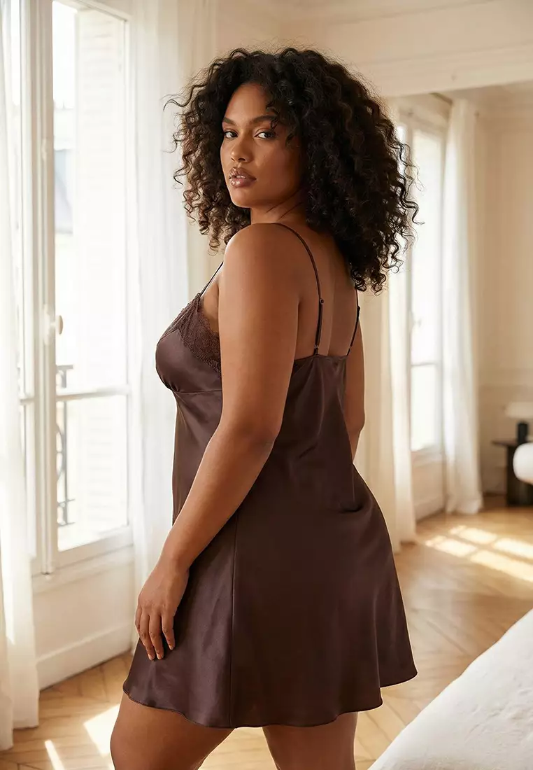 Brown Satin Woven 2-Piece Set Dowry Set Plus Size Nightgown Tbbss26Ch00003