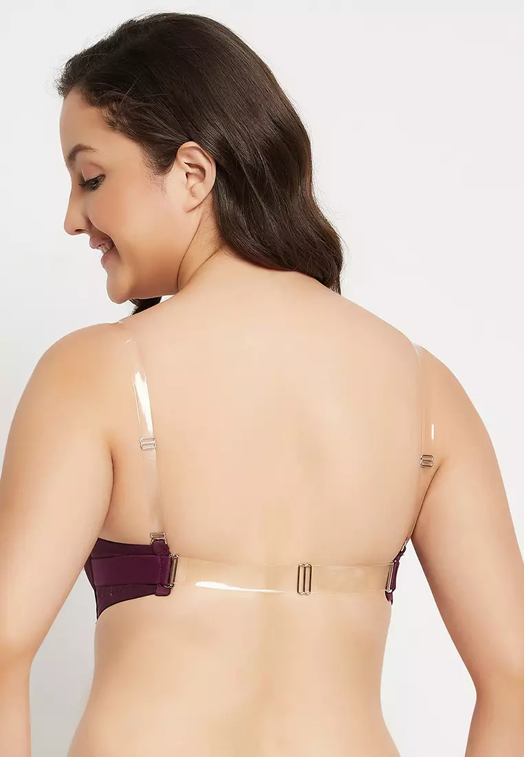 Clovia Invisi Padded Underwired Full Cup Strapless Balconette Bra in Wine Colour with Transparent Straps and Band