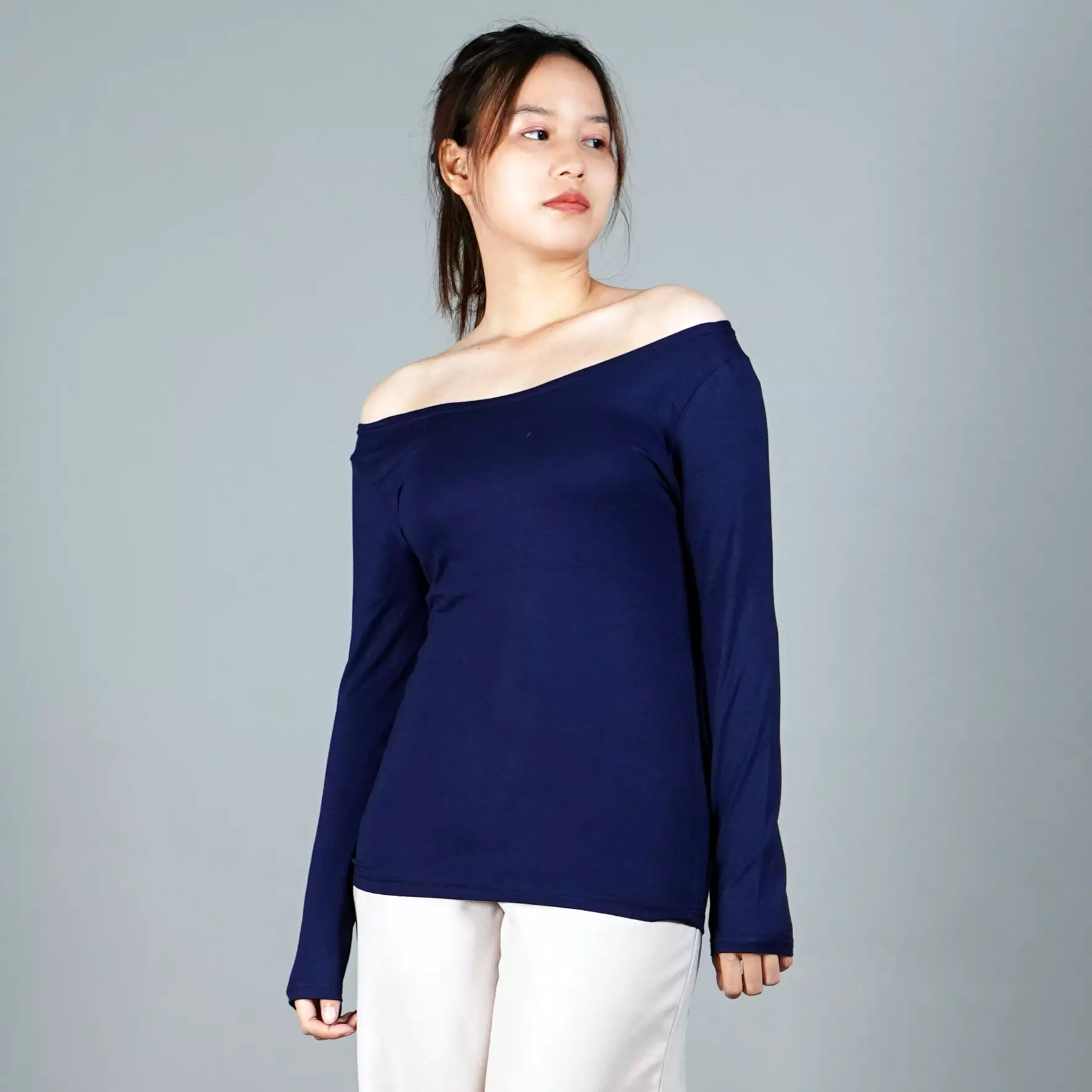 SABRINA TOP Long Sleeves Baju Sabrina Lengan Panjang - NAVY BLUE