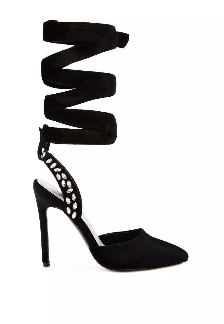 Discount on Rag & Co.  shoes - SKU: Black Velvet Diamante Tie Up High Heeled Sandals