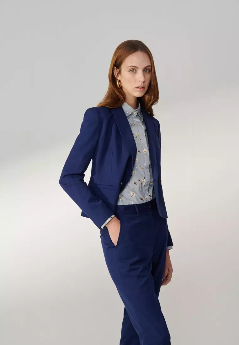 寶藍色方領短版西裝外套