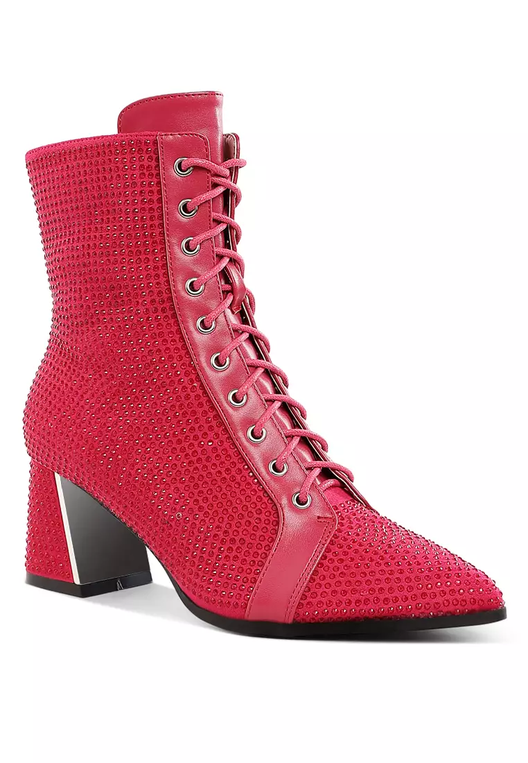 Rhinestone Embellished Ankle Boots In Fushia