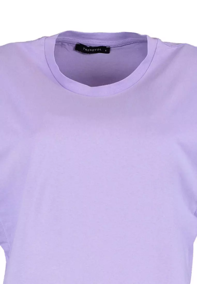 Lilac 100% Cotton Wadding Look Basic Crew Neck Knitted T-Shirt TWOSS20TS0021