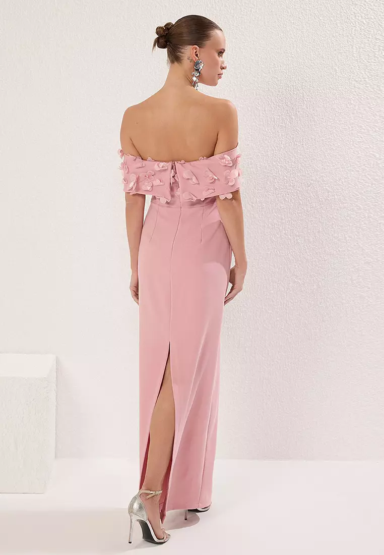 Dusty Rose Carmen Collar Flower Applique Detailed Woven Long Evening Night Graduation Dress TPRSS25AE00107