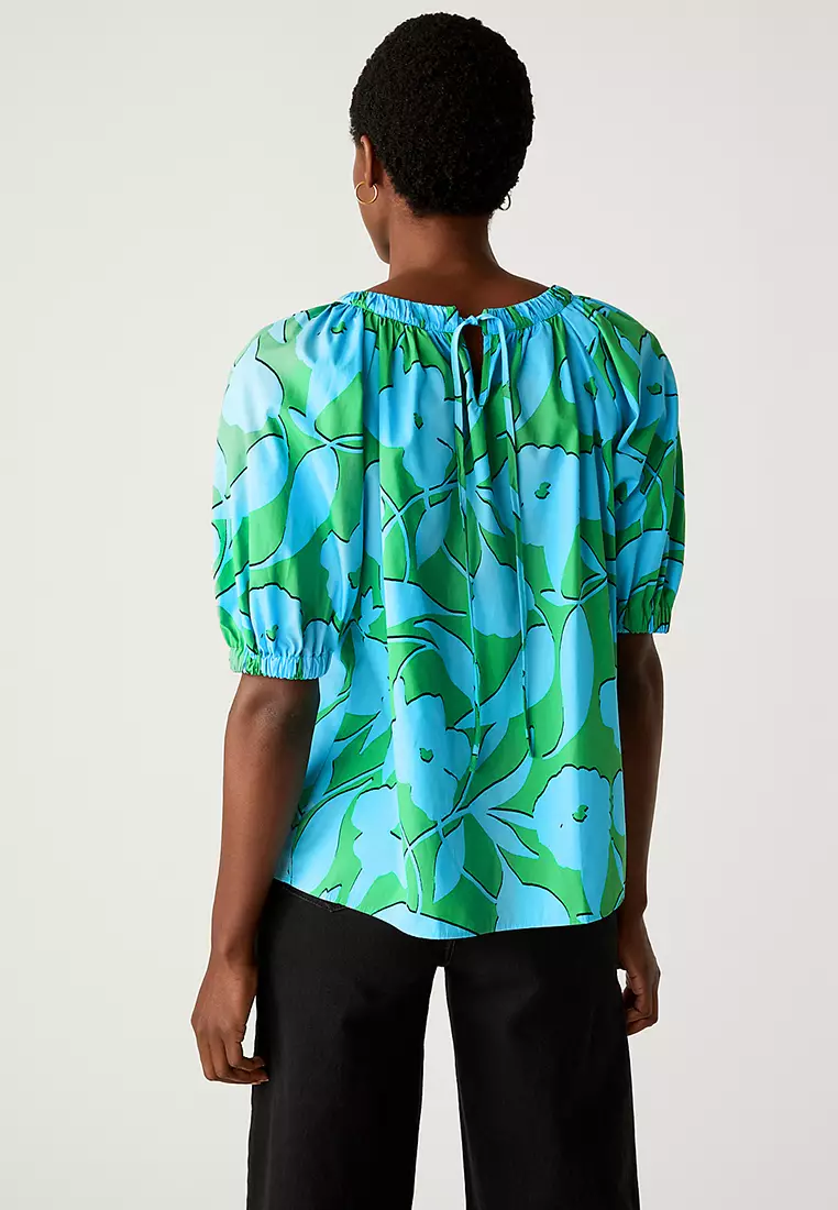 Pure Cotton Printed Blouson Sleeve Blouse