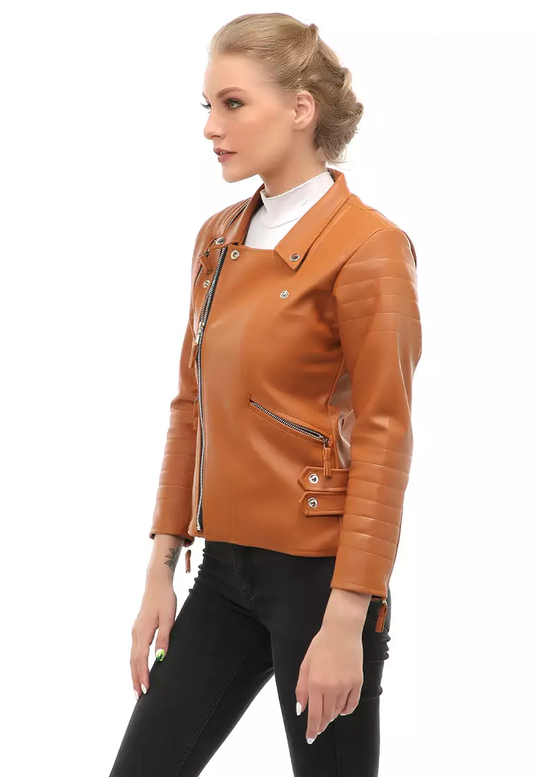 Glenice Jacket Outer Wanita Lengan Panjang Windproof Zipper Pocket Material Leather ORIGINAL - Tan