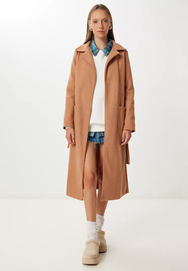 Women's Camel Double Breasted Collar Belted Cashmere Coat Mx00253