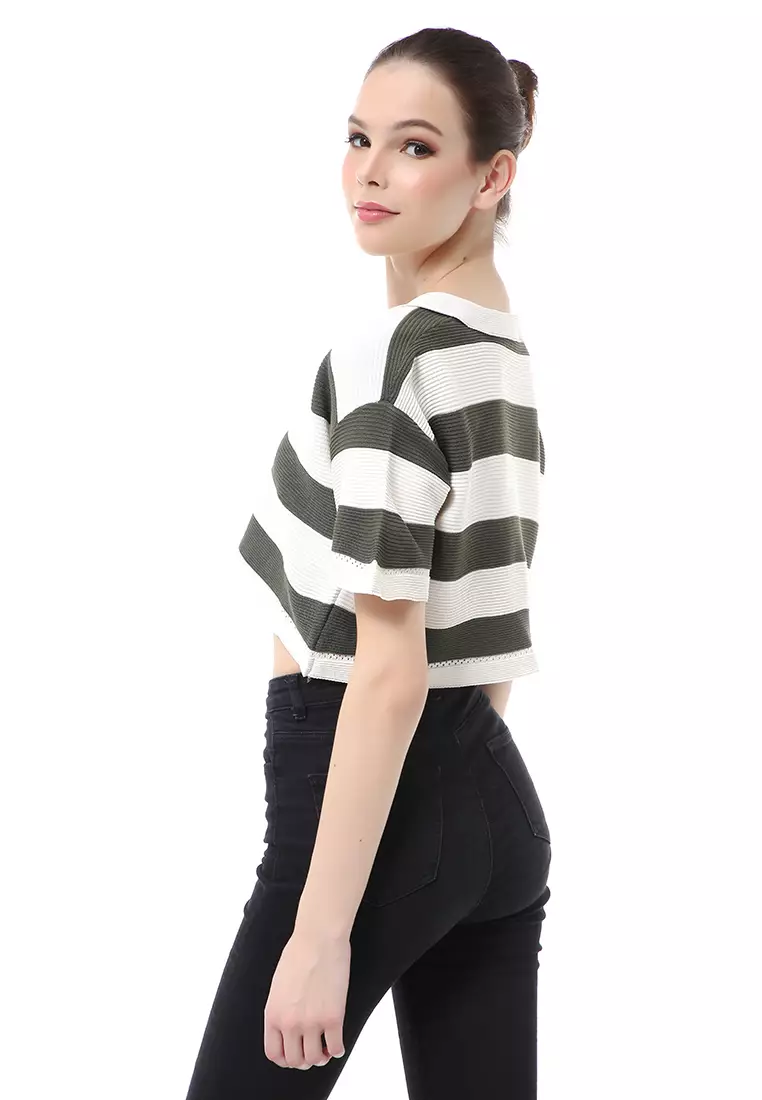 Albertine Atasan Crop Wanita Lengan Pendek Motif Salur Material Rajut ORIGINAL - Army Green