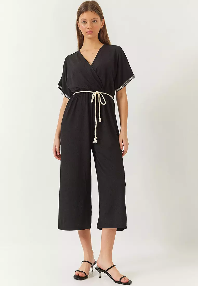 Women's Double Breasted Collar Sleeve Detail Elastic Waist Belted Crinkle Jumpsuit 60261418