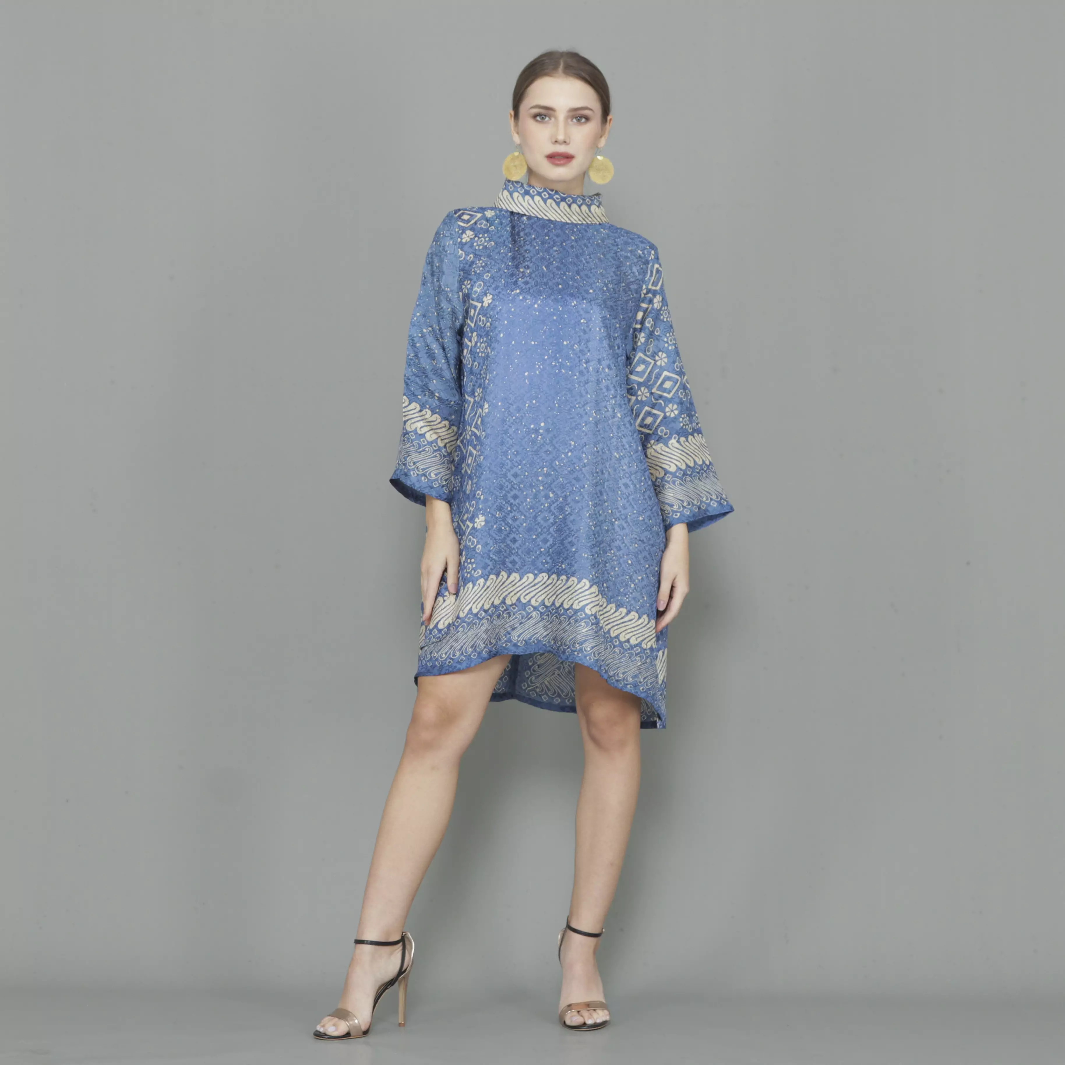 Rinjanie Batik - Dress Tunik Kekinian - Tunik Batik Bola Kerah - Batik Cap Modern - Blue Gold Series