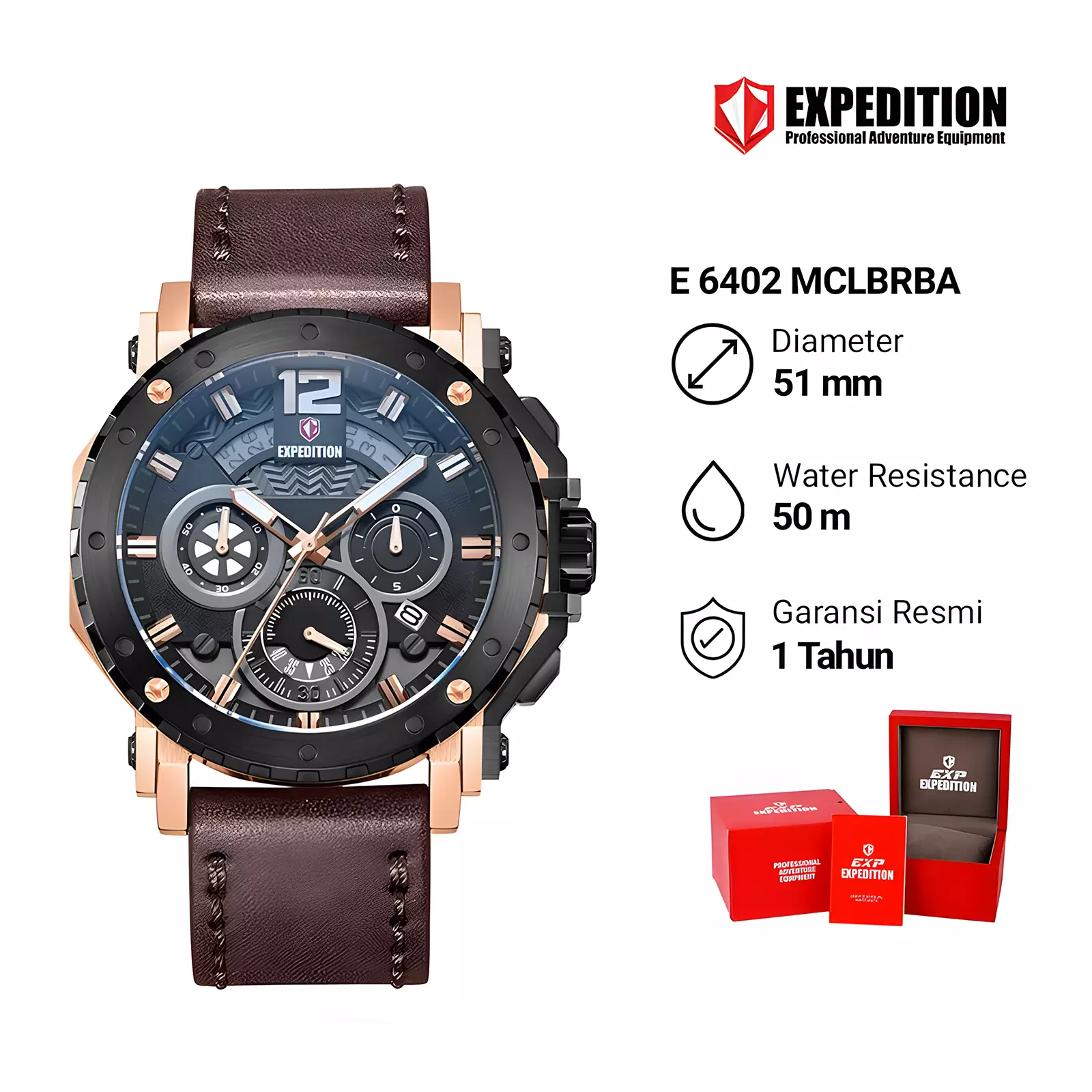 Expedition EXP - Jam Tangan Couple Pria Wanita - Rose Gold Black - Brown Leather Strap - 6402 MFLBRBA