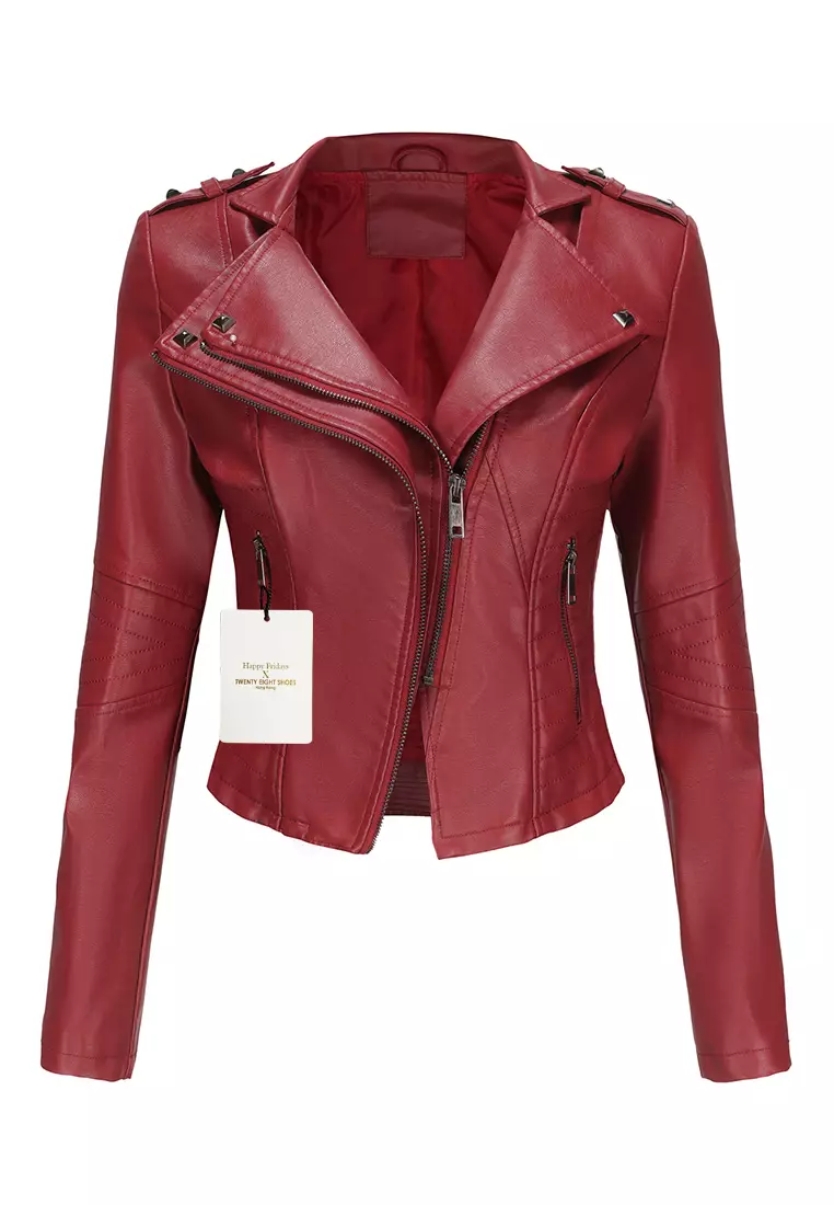 Red leather biker on sale jacket