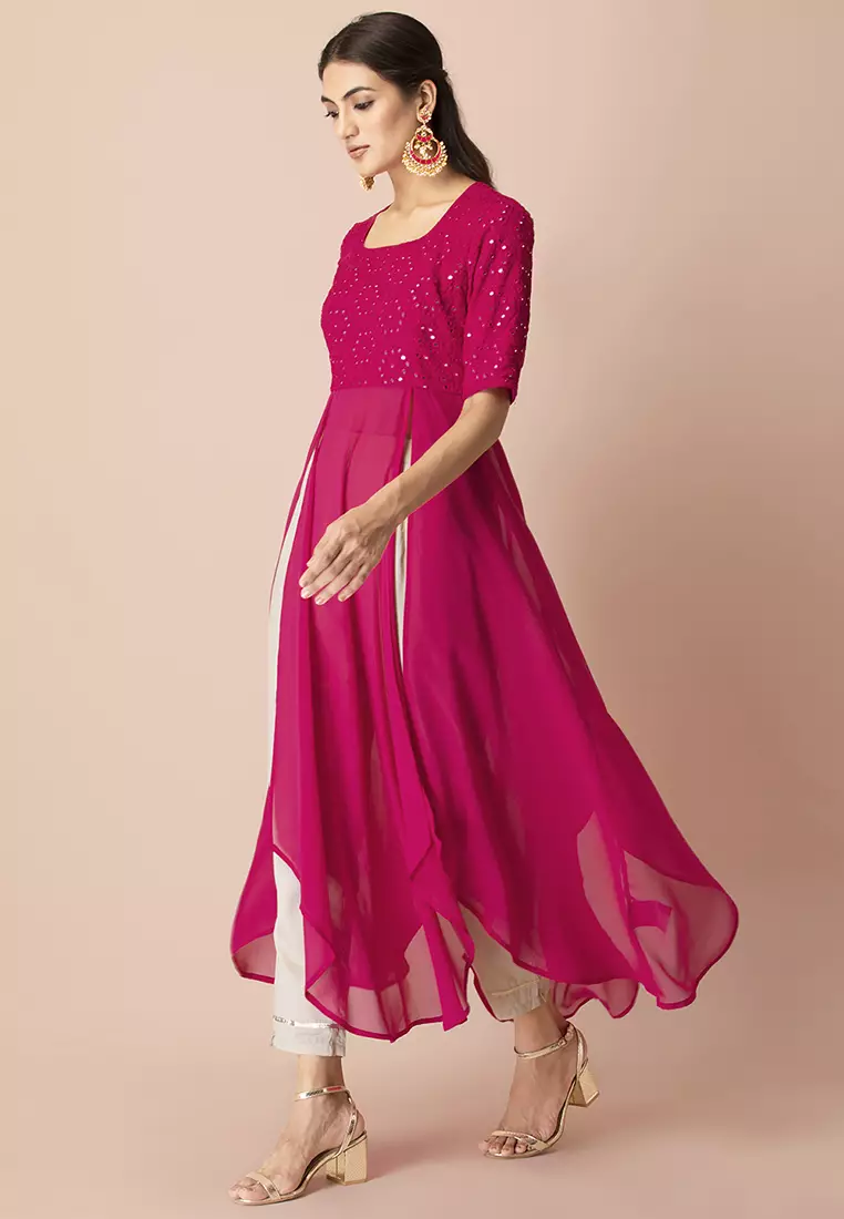 Buy Indya Hot Pink Mirror Work High Slit Kurta Online ZALORA Malaysia