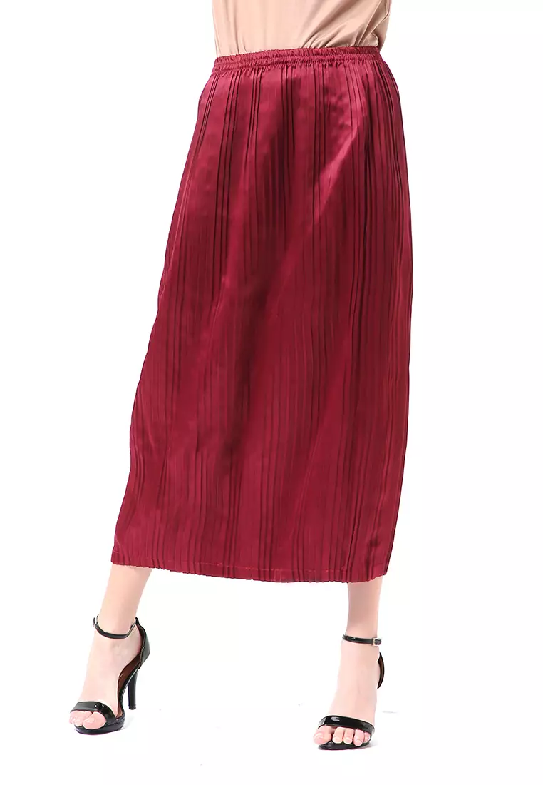 Angely Rok Plisket Rubbery Waist Fashion Wanita Simple - Maroon