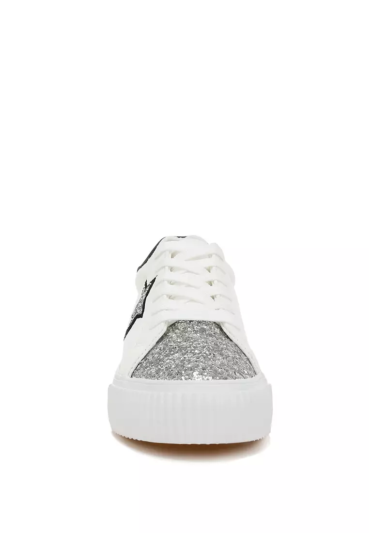 Sepatu Kets Chunky Patch Berkilau Warna Putih/Perak