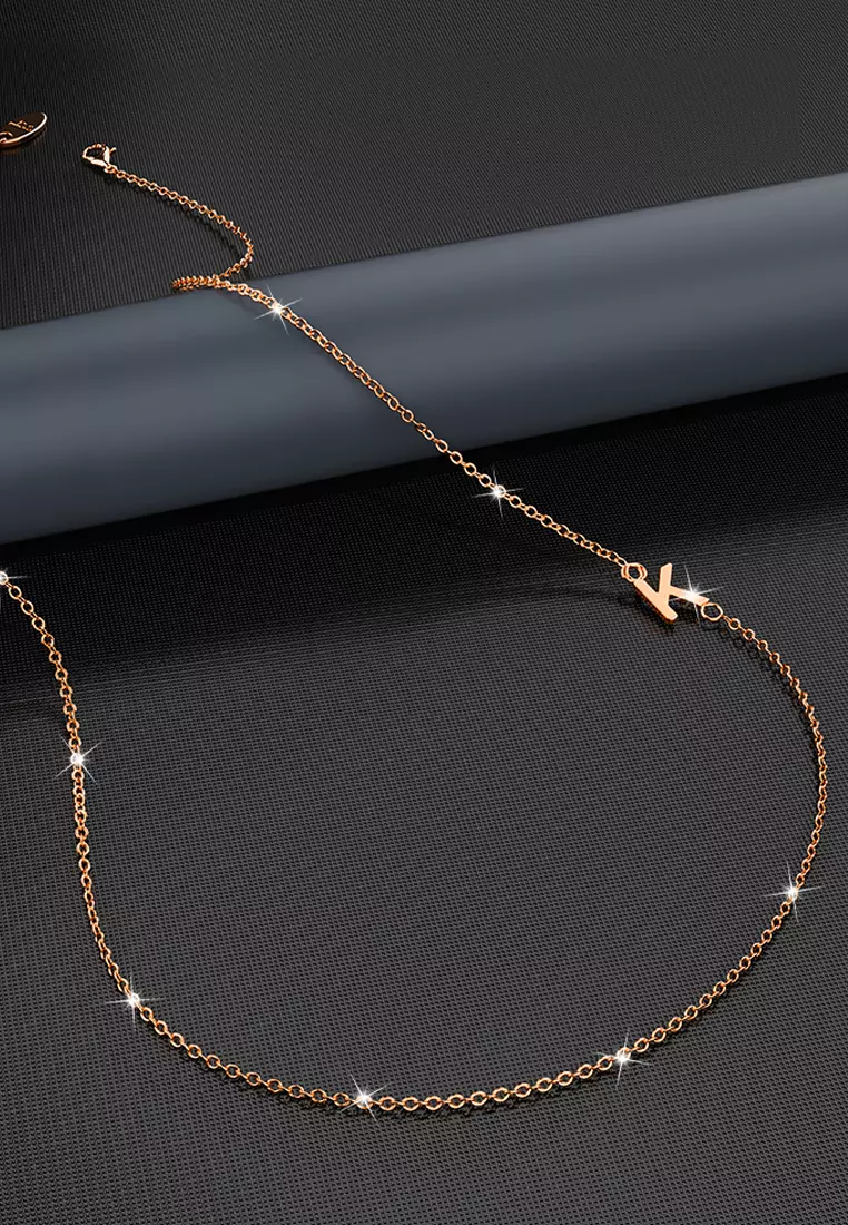 Sparkling Alphabet Initials Stainless Steel Necklace in Rose Gold - K