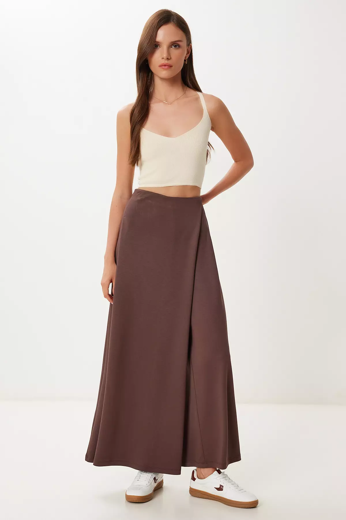 Women's Brown Skirt Look Flexible Knitted Baggy Trousers Cr00520