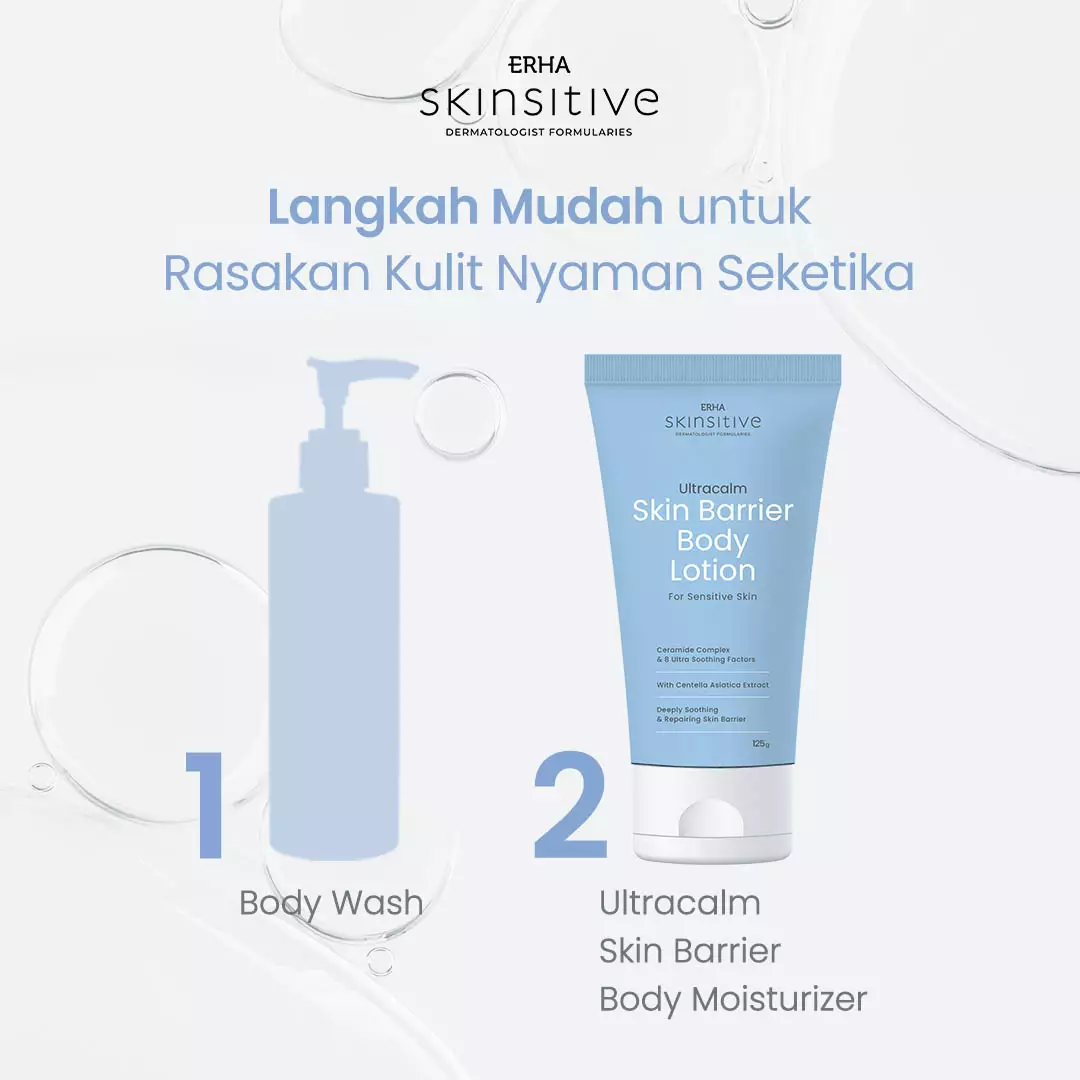 ERHA Skinsitive Ultracalm Body Lotion 125g | Pelembap Kulit Semua Jenis Kulit (Normal, Kering, Sensitif) | Gentle, No Fragrance, No Alcohol | Kulit Sangat Kering, Eksim, Ibu Hamil Menyusui, Anak Usia 3 | Skin Barrier Kuat dengan Ceramide, Calming Agent