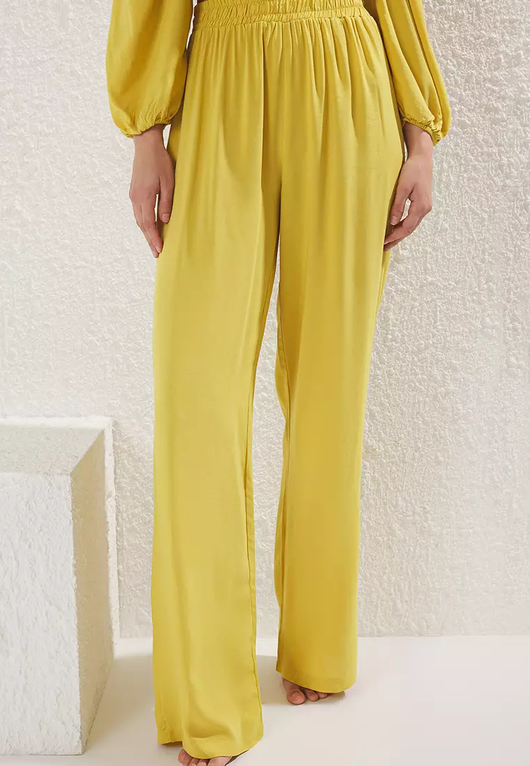 Light Oil Green Woven Tied Blouse Trousers Beach Set