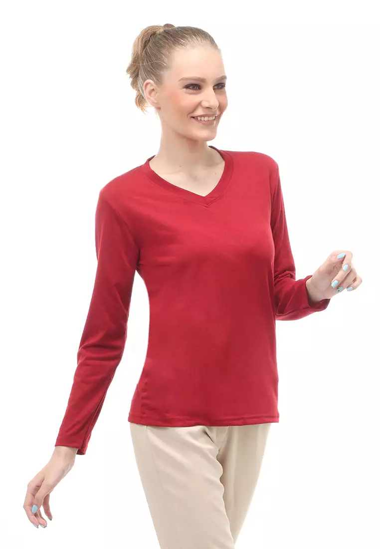 Kaos Polos Atasan Wanita V-Neck Lengan Panjang Design Simple Relaxed Fit - Maroon