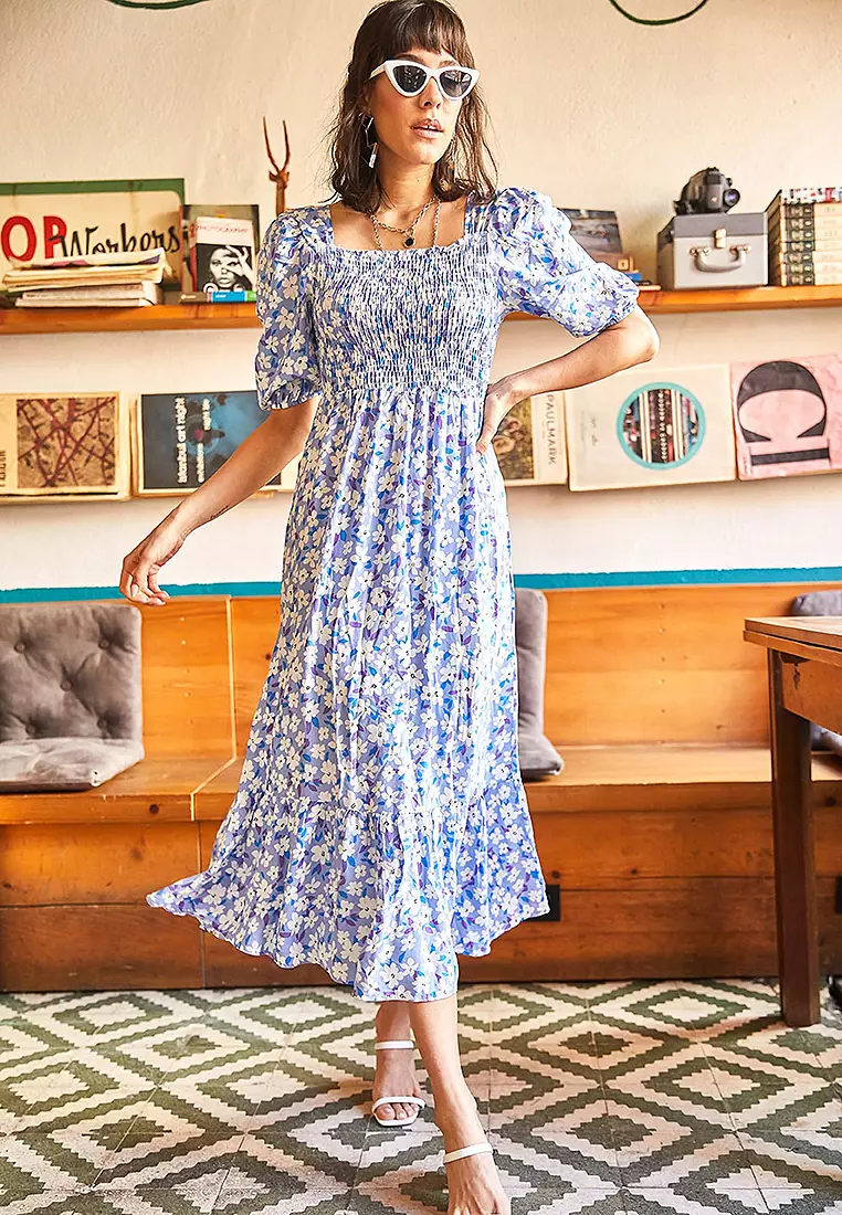 Floral Shirring Midi Dress