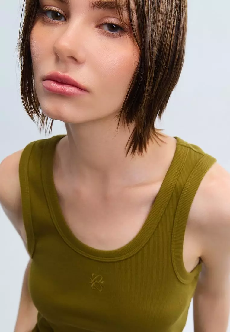 Ribbed Scoop Neck Tank Top - Green
