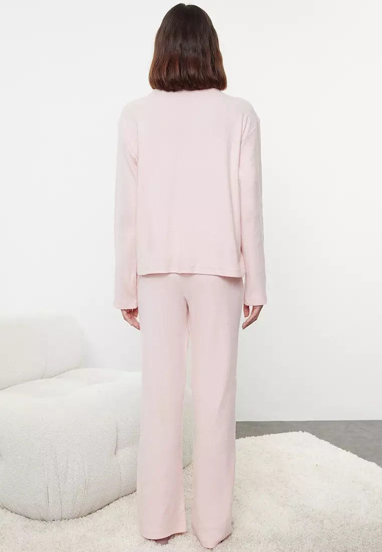 Brushed Soft Corded Cardigan Knitted Pajamas Set