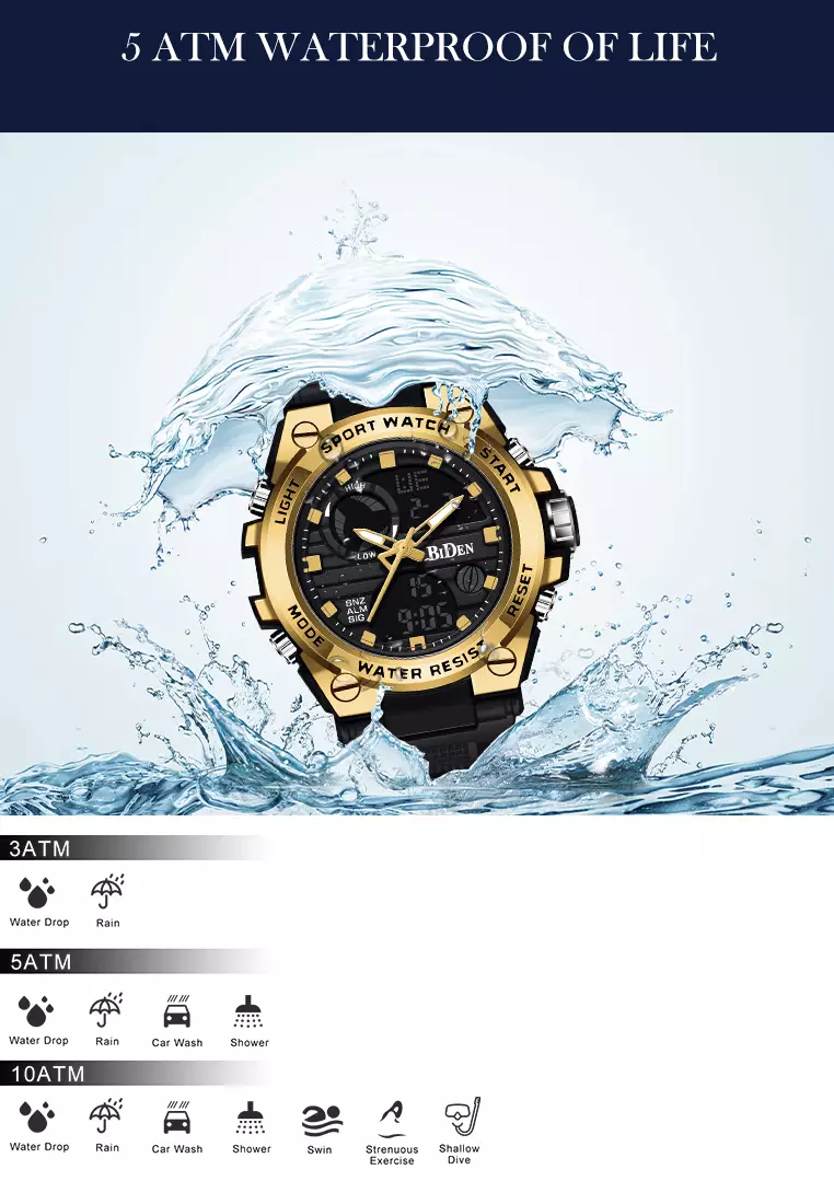 Jam Tangan Pria Digital&Analog Olahraga Militer Pria Tali Silikon Tahan Air Luminous Jam Tangan Cowok Original emas