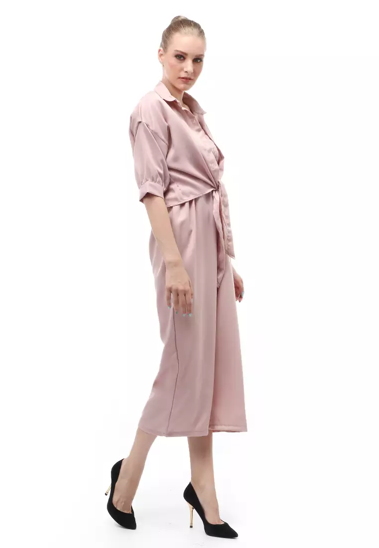 Jumpsuit Wanita Casual Motif Solid Setelan Relaxed Fit - Coklat Susu