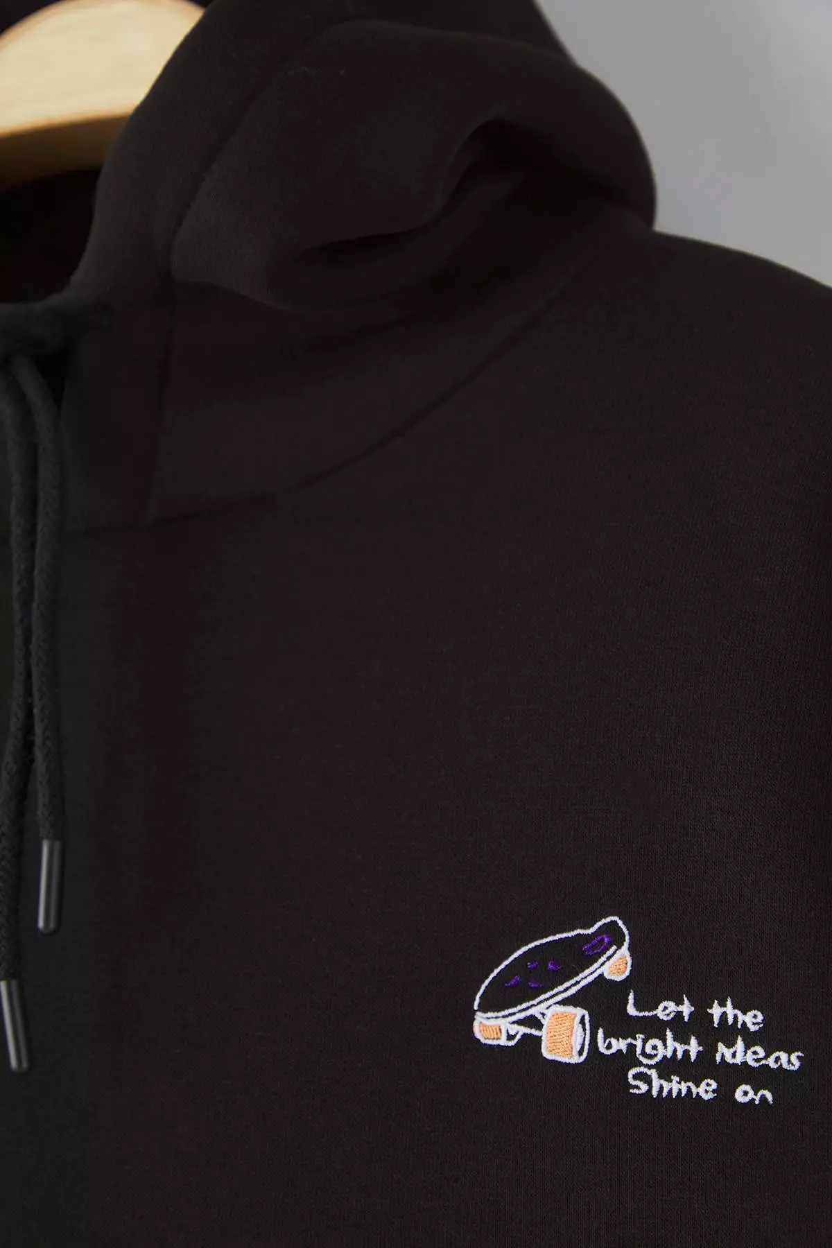 Black Oversize/Wide Cut Embroidered Fleece Inside Hooded Sweatshirt