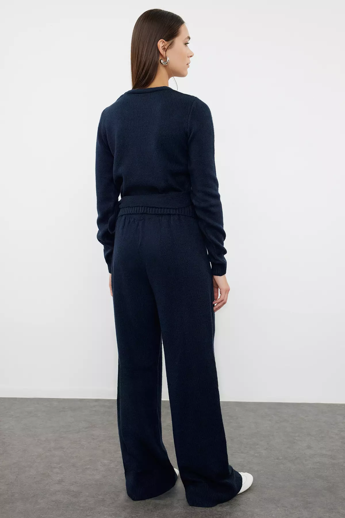 Petrol Crop Wide Pattern Double Breasted Tie Detailed Knitwear Top-Bottom Set