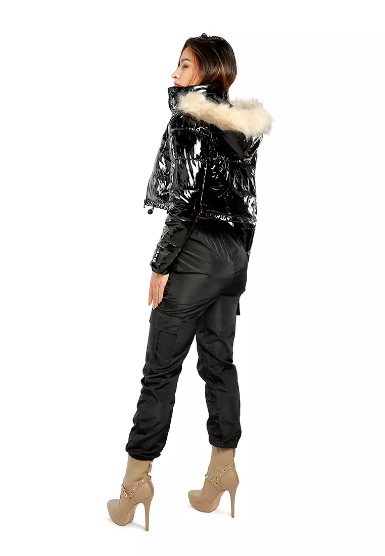 Shearling Hoodie Black Cropped Puffer Jacket