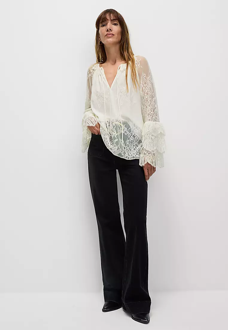 Lace Embroidered Tie Neck Blouse