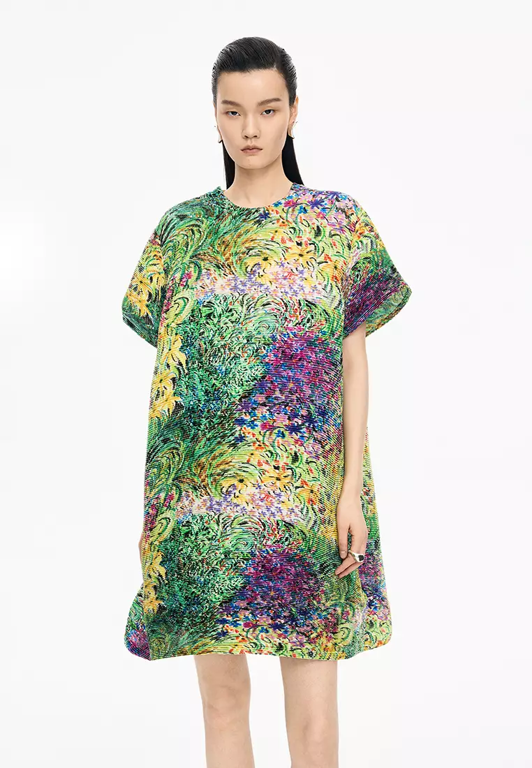 混纺图案元素A型压褶短袖连衣裙
