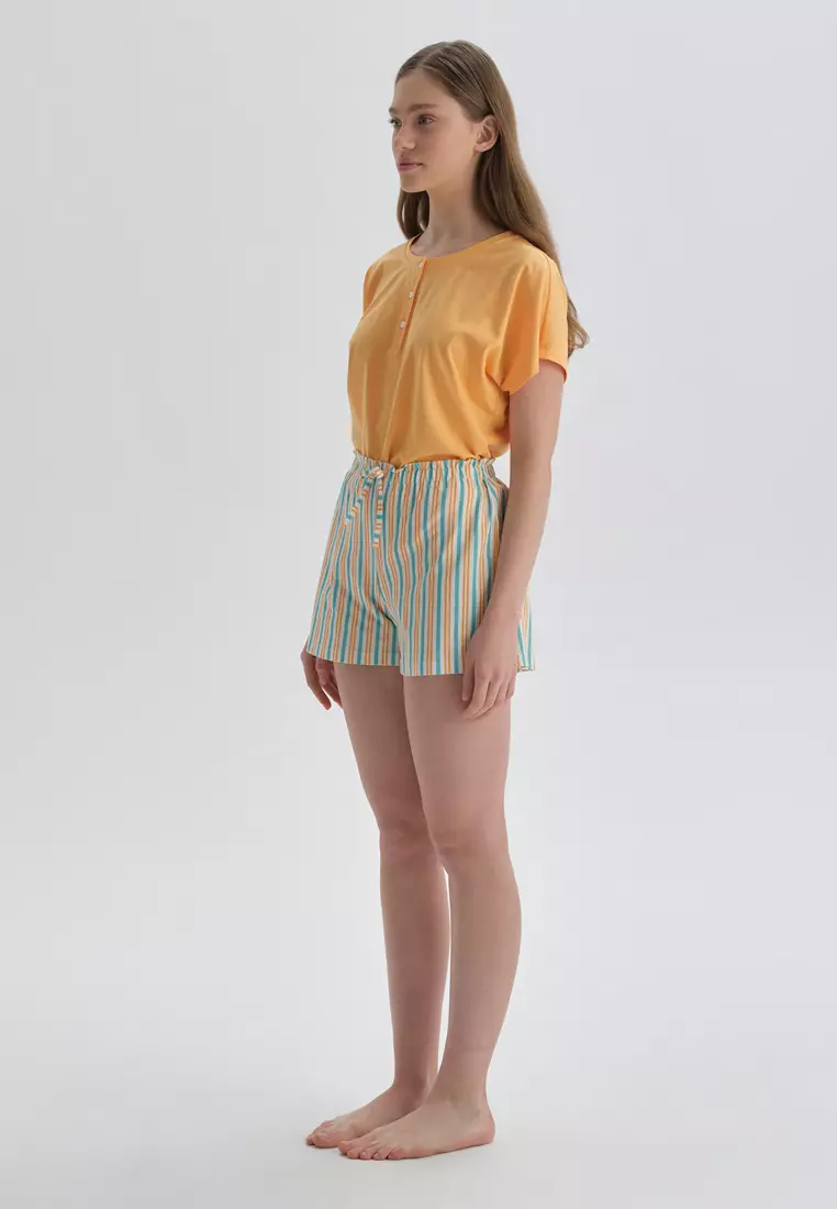 Orange Short Pyjama Set, Striped, U-Neck, Regular Fit, Short Sleeve Homewear And Sleepwear for Women