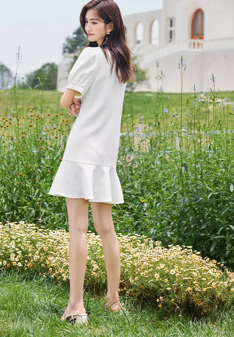 Puff Sleeve V-Neck Button Down Knitted Dress