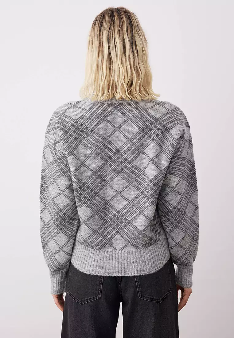 Gray Soft Textured Diamond Patterned V-Neck Knitwear Cardigan