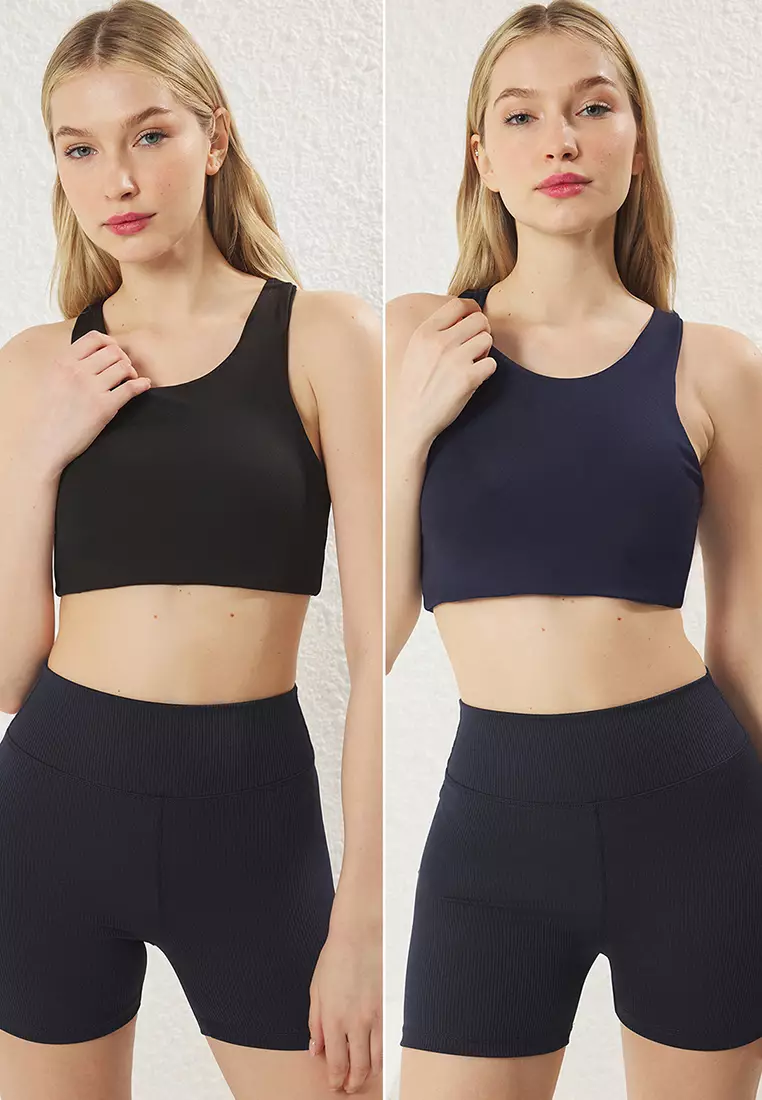 Black-Navy Blue 2 Pack Supportive/Shaper Halter Neck Knitted Sports Bra