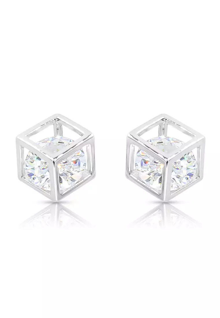 SO SEOUL Sequoia 3D Cubie Cube Diamond Simulant Cubic Zircon Stud Earrings with Pendant Chain Necklace Jewelry Gift Set