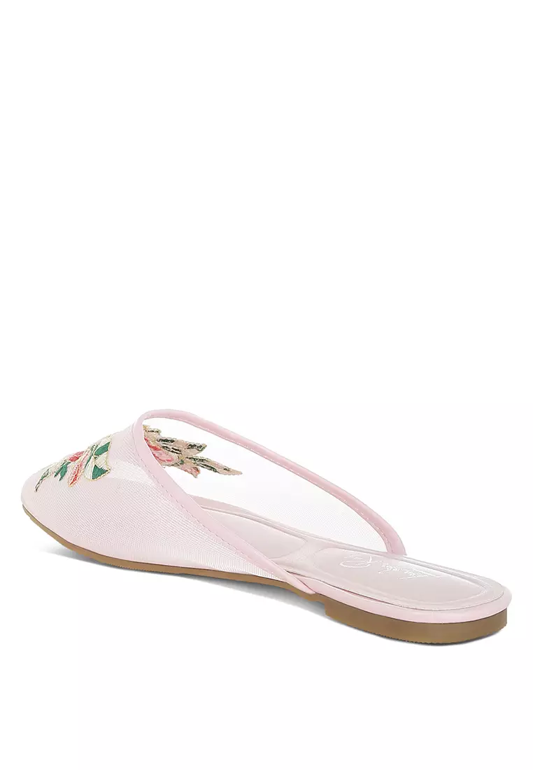 Floral Embroidered Mesh Mules in Pink