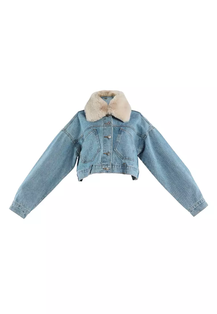 White denim jacket with fur collar on sale
