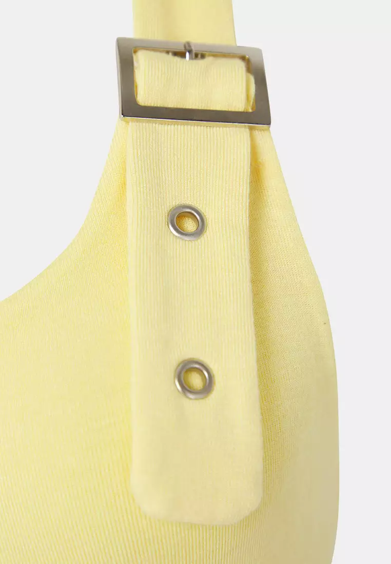 Light Yellow Halter Neck Belt Detail Fitted/Slim Fit Knitted Blouse