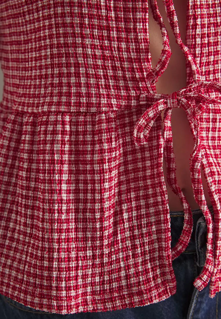 Red Gingham Patterned Tie Detail Sleeveless Stretch Knit Blouse TWOSS25BZ00410